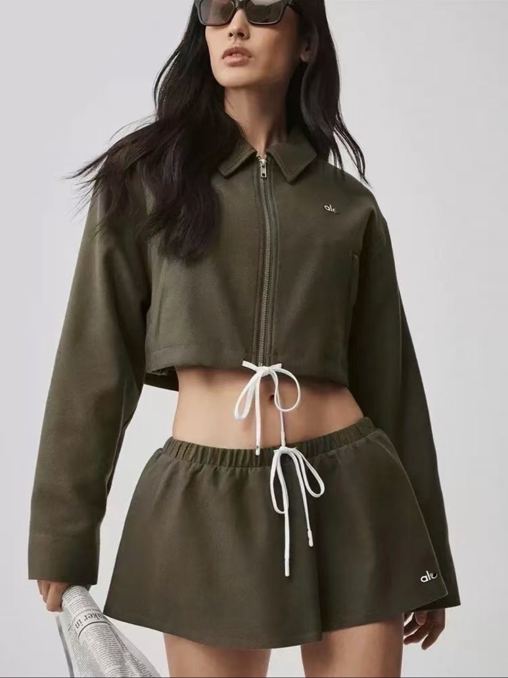 ALO Yoga Olive Green Cropped Zip Jacket & Skirt Set